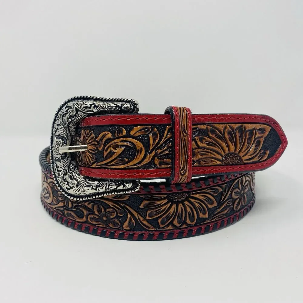 American Darling 44 Red Floral Hand Tooled Leather Belt Western Unisex USA Rodeo